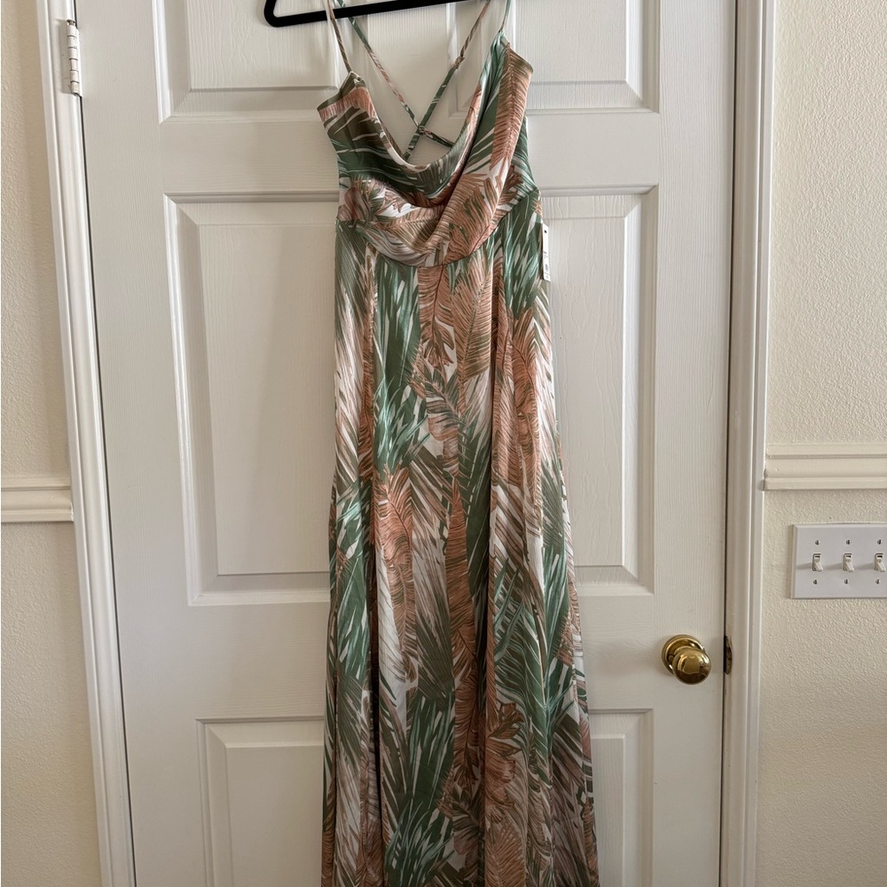 Aakaa Green and Tan Leaf Print Maxi Dress